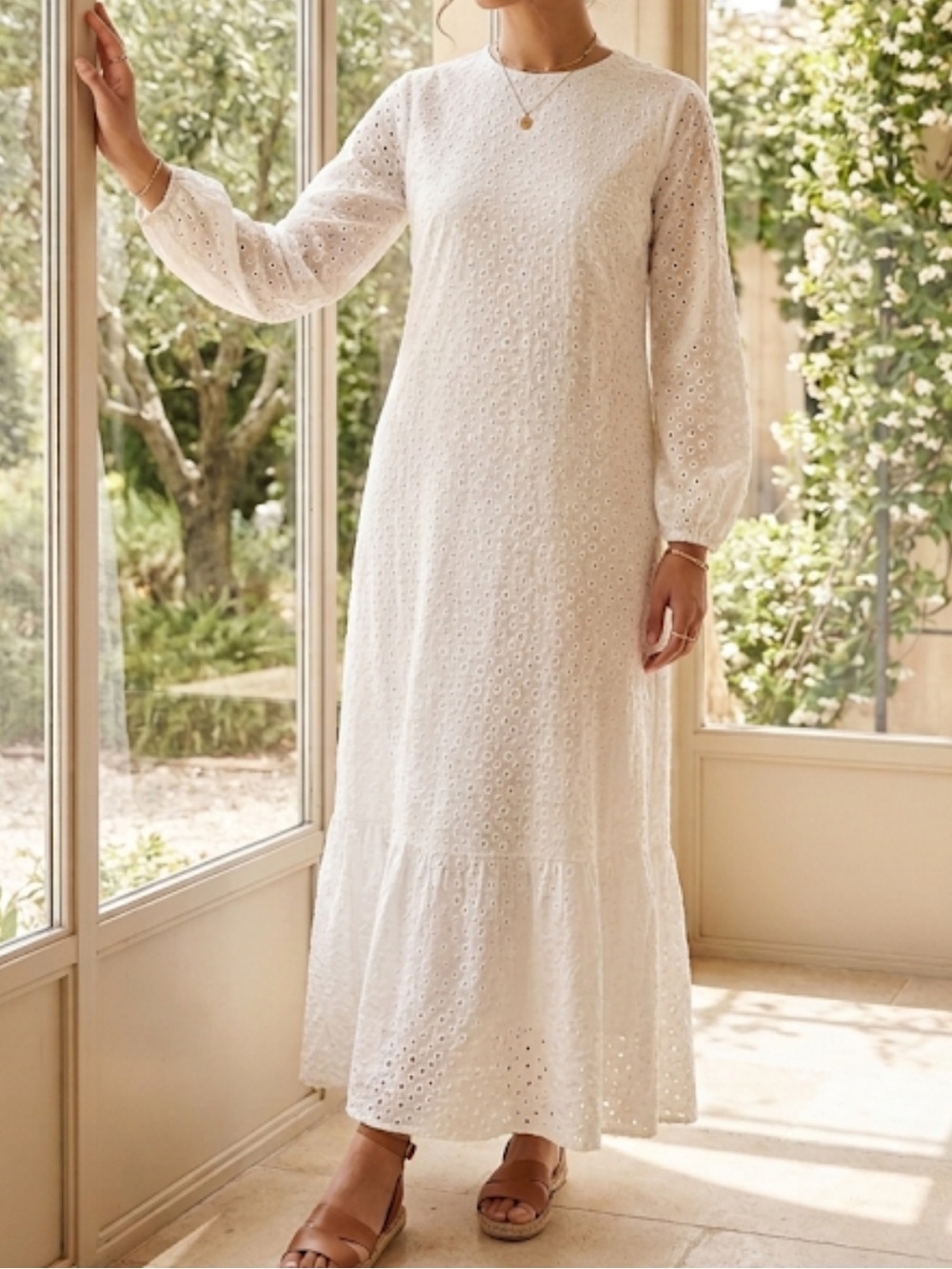 REFKA Casual Off-White Eyelet Embroidery Maxi Dress - Fully Lined - NWT Size 6